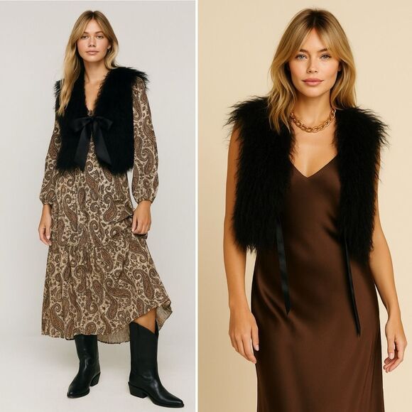 Chaarm NY Tibetan Mongolian Lamb Fur Vest Satin Ribbon XS/S Crop Boho Glam Rock - Picture 3 of 16